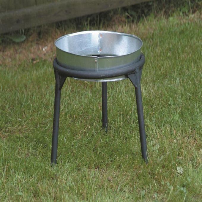 Sturdy three-legged metal stand with a galvanized steel top ring, handcrafted in the USA for campfire cooking or outdoor use, ideal for Farm, Garden & Tool and Camping collections.