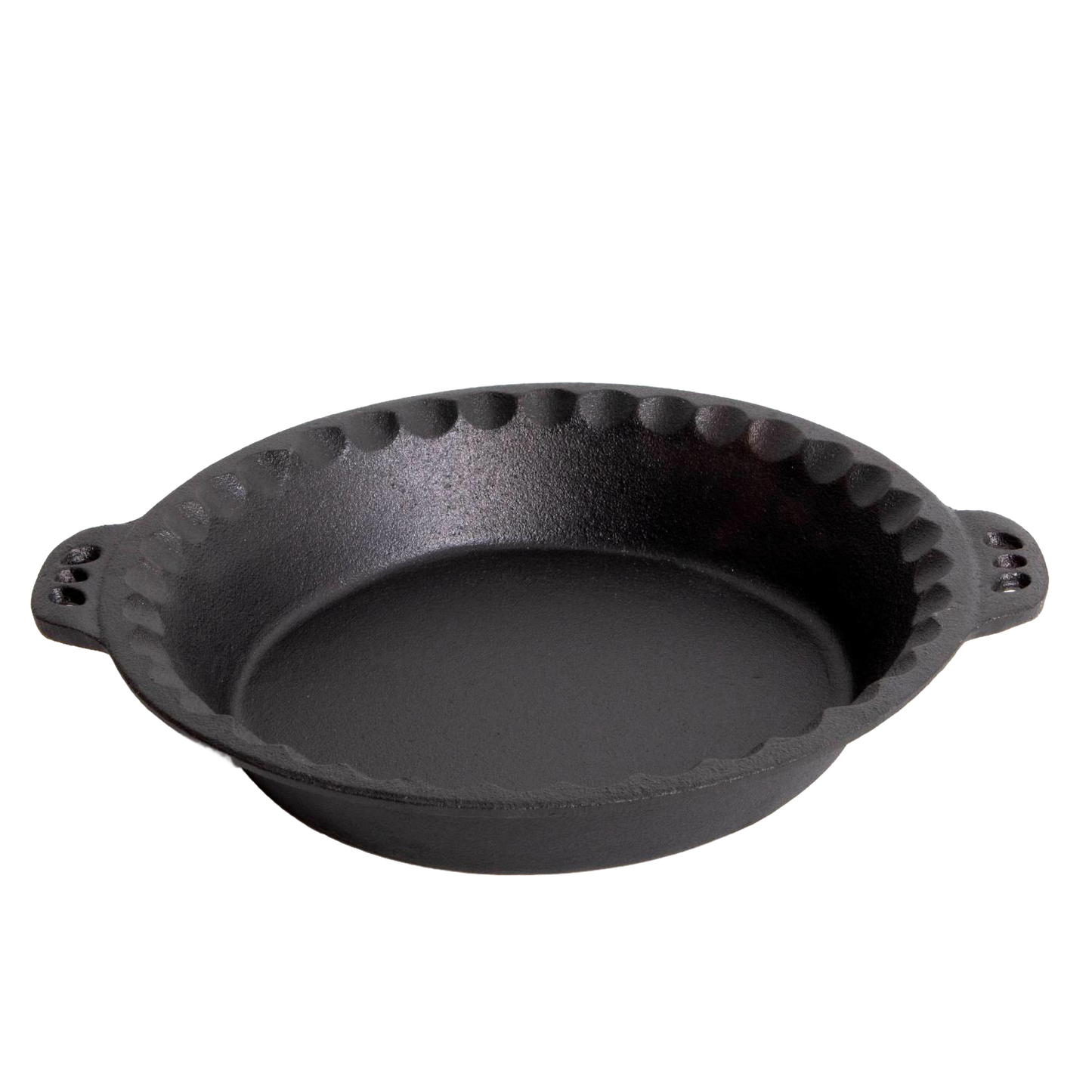 Handcrafted Amish cast iron pie pan with decorative crimped edges and dual handles, designed for even heat distribution and durability in Kitchen & Food, Cast Iron, Cookware, Baking Supplies, Best Sellers, and Promo Eligible collections.