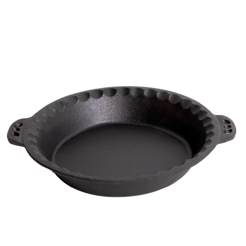 Handcrafted Amish cast iron pie pan with decorative crimped edges and dual handles, designed for even heat distribution and durability in Kitchen & Food, Cast Iron, Cookware, Baking Supplies, Best Sellers, and Promo Eligible collections.