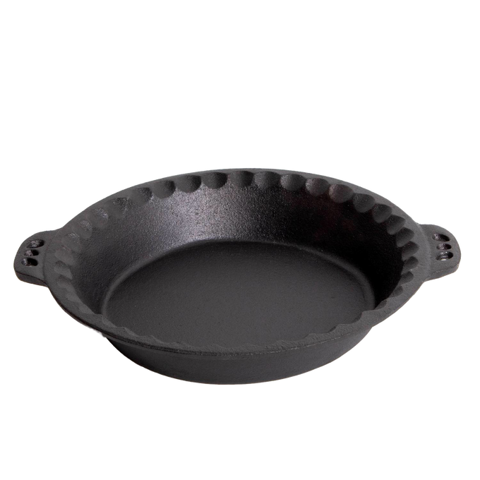 Handcrafted Amish cast iron pie pan with decorative crimped edges and dual handles, designed for even heat distribution and durability in Kitchen & Food, Cast Iron, Cookware, Baking Supplies, Best Sellers, and Promo Eligible collections.