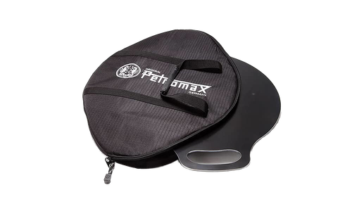Black durable transport bag partially open, revealing a sturdy metal griddle with integrated handles, designed for secure carrying in Farm, Garden & Tool and Camping collections.