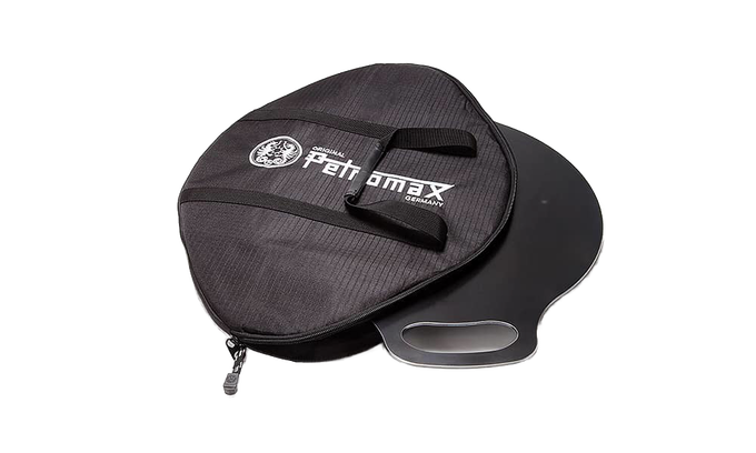 Black durable transport bag partially open, revealing a sturdy metal griddle with integrated handles, designed for secure carrying in Farm, Garden & Tool and Camping collections.