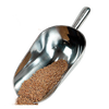 Heavy-duty cast aluminum scoop with a smooth buffed finish and contoured handle, partially filled with grain, ideal for Farm, Garden & Tool, Farm Tools, Best Sellers, and Promo Eligible collections.