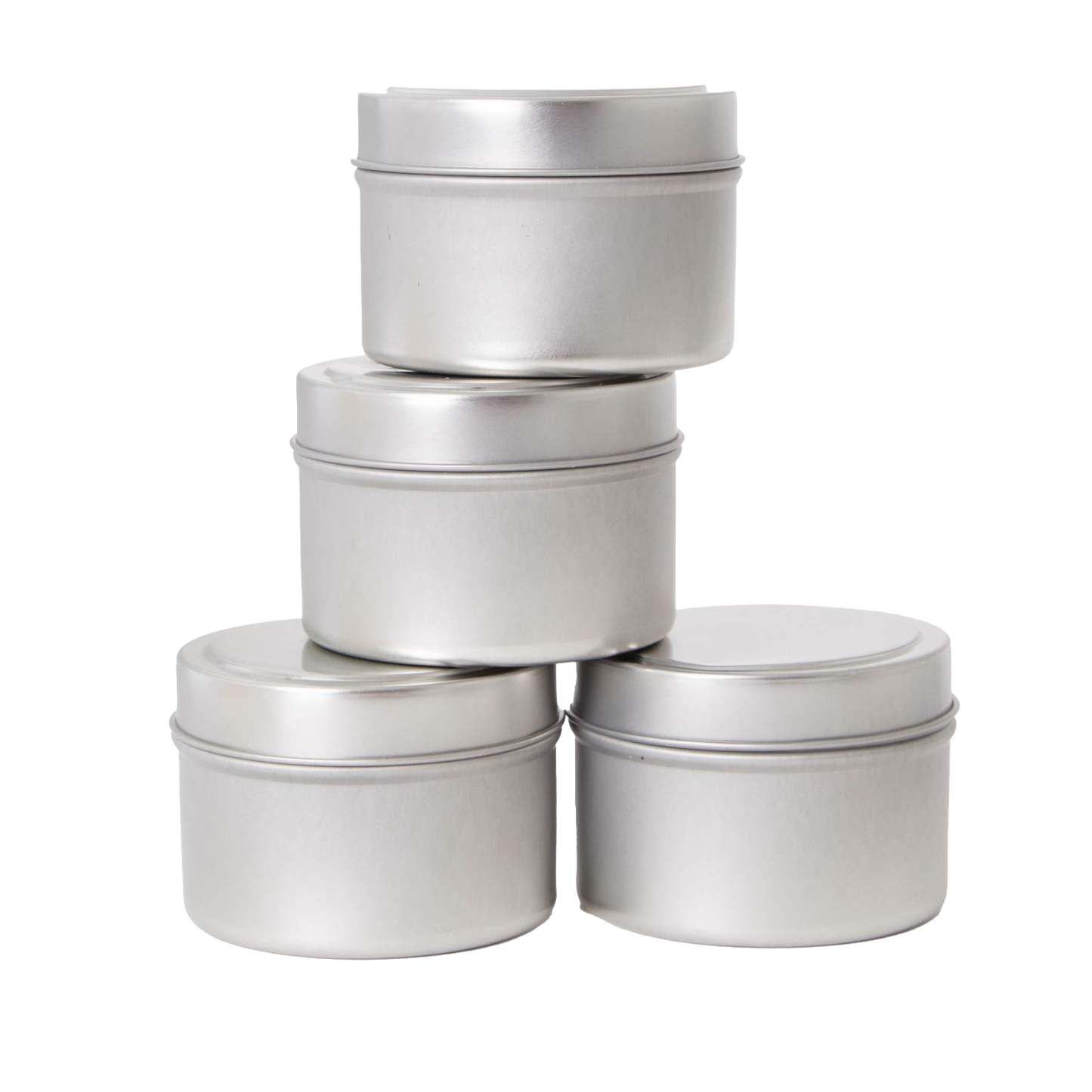 Set of four handcrafted matte silver metal candle tins with removable lids, designed for use in lamps & lighting, candlemaking supplies, best sellers, and promo eligible collections.