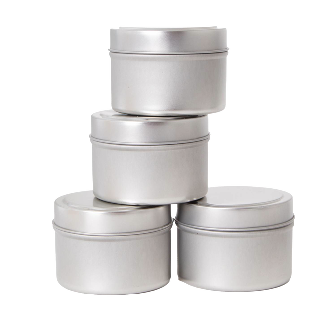Set of four handcrafted matte silver metal candle tins with removable lids, designed for use in lamps & lighting, candlemaking supplies, best sellers, and promo eligible collections.