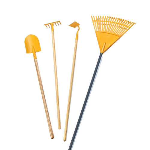 Set of durable real gardening tools for children including a yellow metal shovel, rake, hoe, and leaf rake with wooden handles, ideal for outdoor play and learning in Toys, Children's Toys, Outdoor Play, and Best Sellers collections.