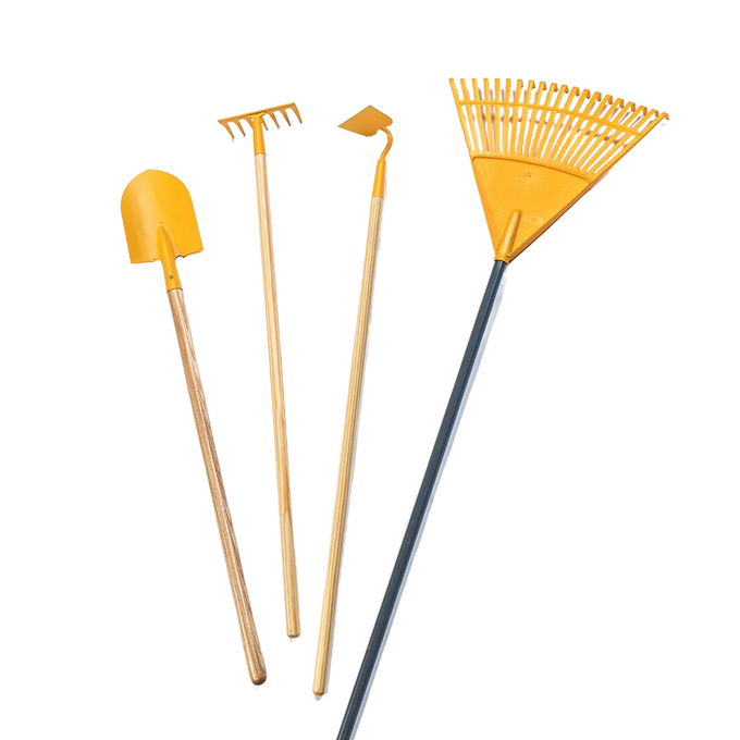 Set of durable real gardening tools for children including a yellow metal shovel, rake, hoe, and leaf rake with wooden handles, ideal for outdoor play and learning in Toys, Children's Toys, Outdoor Play, and Best Sellers collections.