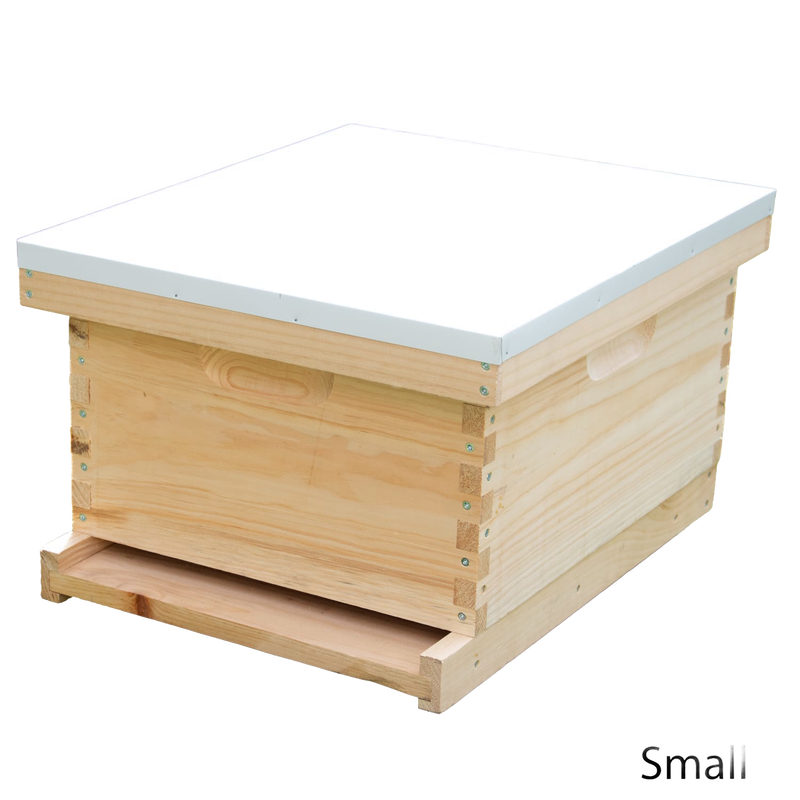 Natural wood 10-frame beehive box with a white cover and bottom board, showcasing handcrafted Amish construction ideal for Farm, Garden & Tool, Beekeeping Supplies, and Promo Eligible collections.