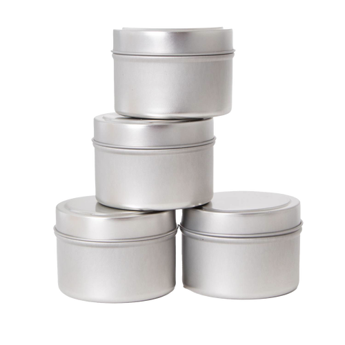 Set of four matte silver metal candle tins with lids, crafted for handmade soy candle storage and ideal for use in Lamps & Lighting, Candles and Candlemaking, and Candlemaking Supplies collections.