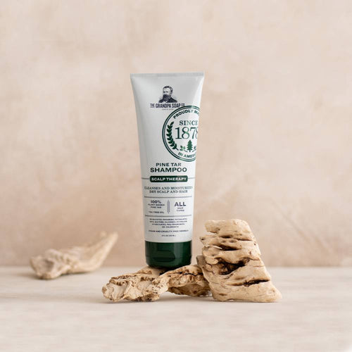 Tube of handcrafted pine tar shampoo made in USA with plant-based ingredients to cleanse and soothe dry, itchy scalp, featured in Health & Wellness, Grooming and Personal Hygiene collections.