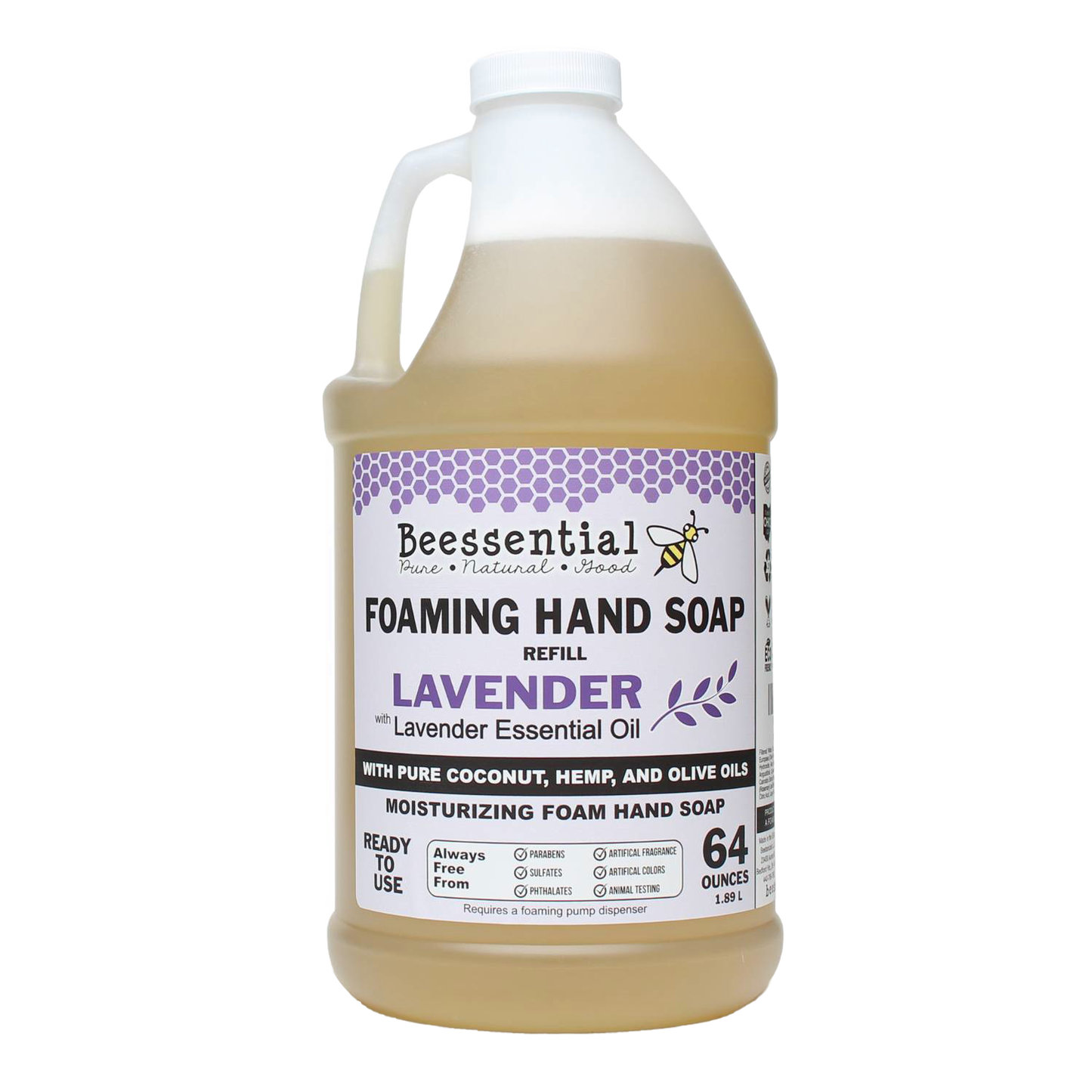 Large 64-ounce handcrafted foaming hand soap refill scented with lavender essential oil, made with pure coconut, hemp, and olive oils, featured in Health & Wellness, Grooming and Personal Hygiene, Soaps and Soapmaking, Soaps, USA Made, Best Sellers, and Promo Eligible collections.