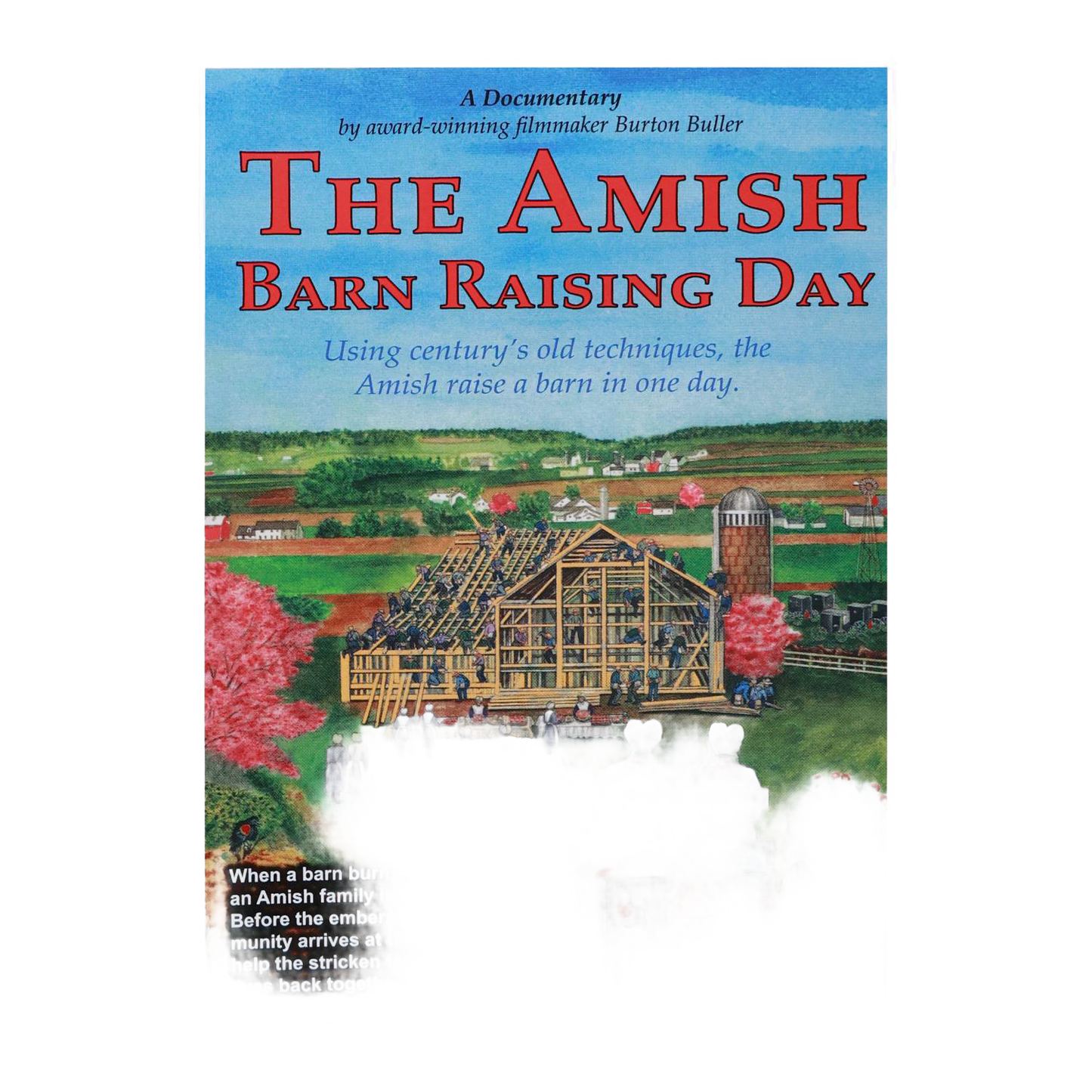 Colorful DVD cover illustration depicting an Amish barn raising with traditional timber framing, horse-drawn buggy, and rural landscape, part of heritage and lifestyle books in toys, games, and best sellers collections.