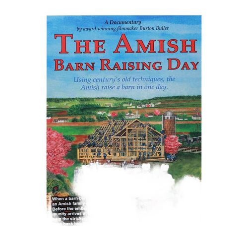 Colorful DVD cover illustration depicting an Amish barn raising with traditional timber framing, horse-drawn buggy, and rural landscape, part of heritage and lifestyle books in toys, games, and best sellers collections.