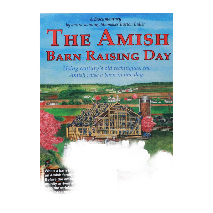 Colorful DVD cover illustration depicting an Amish barn raising with traditional timber framing, horse-drawn buggy, and rural landscape, part of heritage and lifestyle books in toys, games, and best sellers collections.