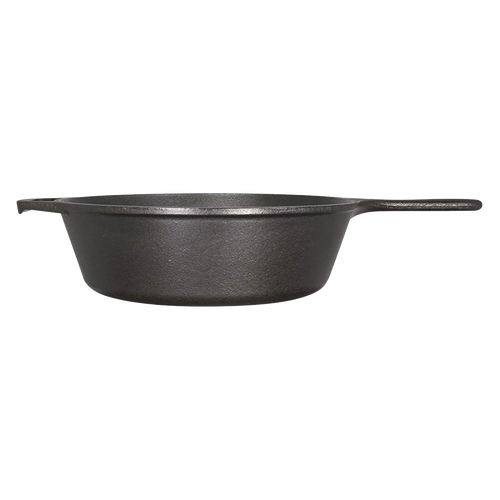 Side view of a deep cast iron skillet with an assist handle, designed for versatile cooking on stove, oven, grill, or campfire, featured in Farm, Garden & Tool and Cookware collections.