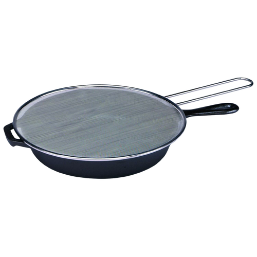 Round stainless steel splatter screen with fine mesh and long handle placed over a black skillet, designed to prevent kitchen messes while maintaining clear visibility, ideal for Kitchen & Food, Kitchen Gadgets, Cooking and Baking Helpers, Best Sellers, and Promo Eligible collections.
