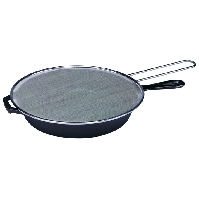 Round stainless steel splatter screen with fine mesh and long handle placed over a black skillet, designed to prevent kitchen messes while maintaining clear visibility, ideal for Kitchen & Food, Kitchen Gadgets, Cooking and Baking Helpers, Best Sellers, and Promo Eligible collections.