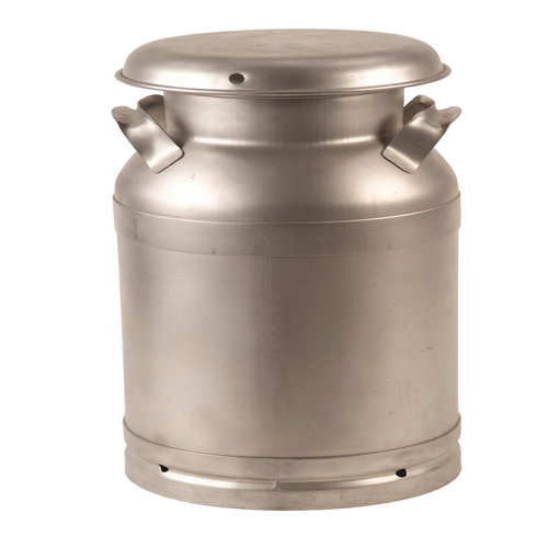Large stainless steel milk can with a brushed finish, seamless design, solid handles, and airtight lid, handcrafted for durability, featured in Farm, Garden & Tool and USA Made collections.