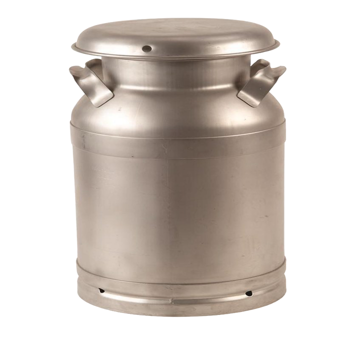 Large stainless steel milk can with a brushed finish, seamless design, solid handles, and airtight lid, handcrafted for durability, featured in Farm, Garden & Tool and USA Made collections.