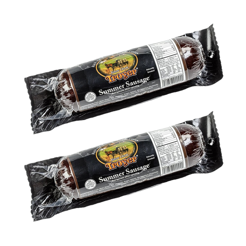 Two vacuum-sealed packages of handcrafted summer sausage made in USA with a blend of pork and beef, perfect for Kitchen & Food, Snacks and Sweets, Pantry, Meats, and Best Sellers collections.