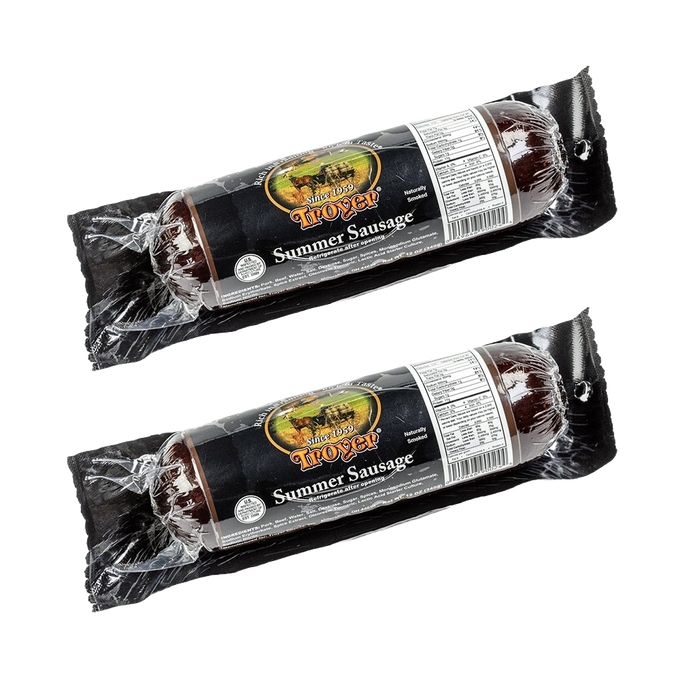 Two vacuum-sealed packages of handcrafted summer sausage made in USA with a blend of pork and beef, perfect for Kitchen & Food, Snacks and Sweets, Pantry, Meats, and Best Sellers collections.