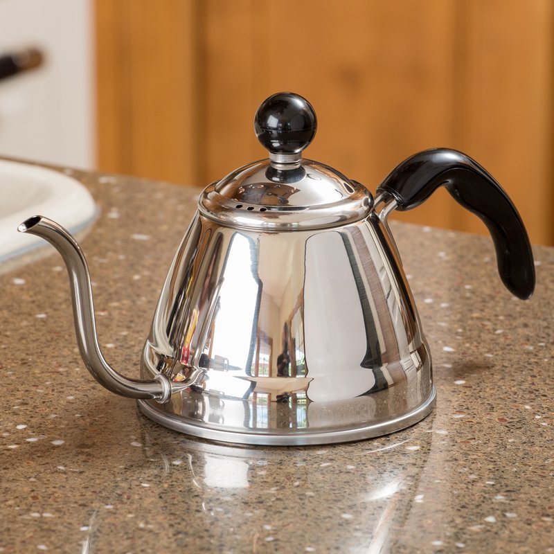 Stainless steel pour-over kettle with a narrow gooseneck spout and angled black handle, designed for precision pouring, featured in Kitchen & Food and Brewing Coffee collections.