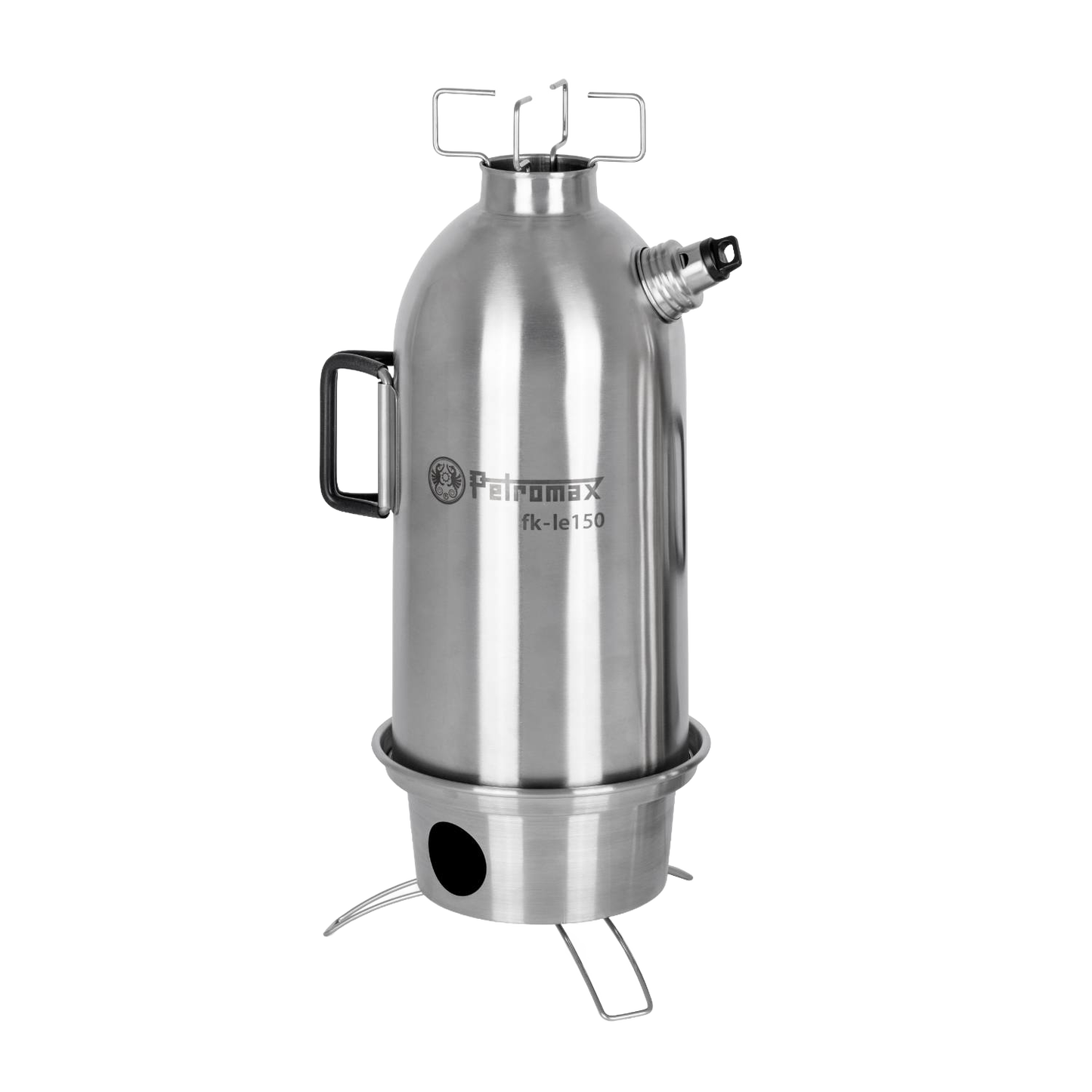 Stainless steel fire kettle with double-wall insulation for rapid boiling, featuring a screw-on lid and sturdy handle; ideal for camping, emergency use, and farm tool collections.
