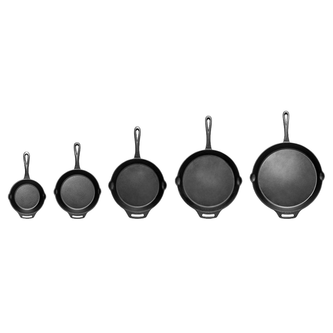 Set of five cast iron skillets with long handles, graduated in size from small to large, ideal for versatile cooking in Farm, Garden & Tool, Camping, and Kitchen & Food collections.