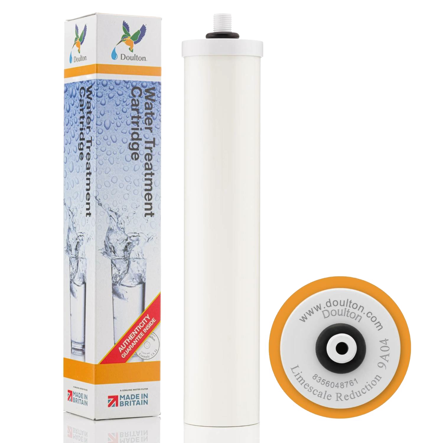 White cylindrical water treatment cartridge with orange rim for reducing limescale build-up, displayed with branded blue packaging, suitable for Appliances, Water Heating and Treatment, Best Sellers, and Promo Eligible collections.