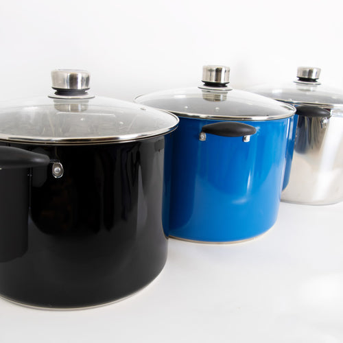 Three handcrafted 21.5-quart water bath canners in black, blue, and stainless steel with glass lids and metal handles, featured in Kitchen & Food, Food Preservation, and Canning collections.
