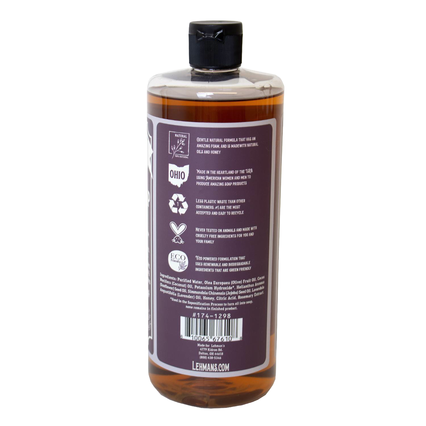 Amber bottle of handcrafted Lehman's concentrated castile soap featuring natural plant-based ingredients and eco-friendly icons, made in USA, ideal for health, grooming, and soap collections.
