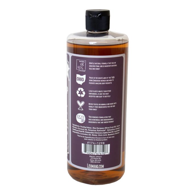 Amber bottle of handcrafted Lehman's concentrated castile soap featuring natural plant-based ingredients and eco-friendly icons, made in USA, ideal for health, grooming, and soap collections.