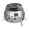 Portable stainless steel camp grill and fire bowl with round perforated body and cast iron lid, handcrafted for outdoor grilling, camping, and firepit use.