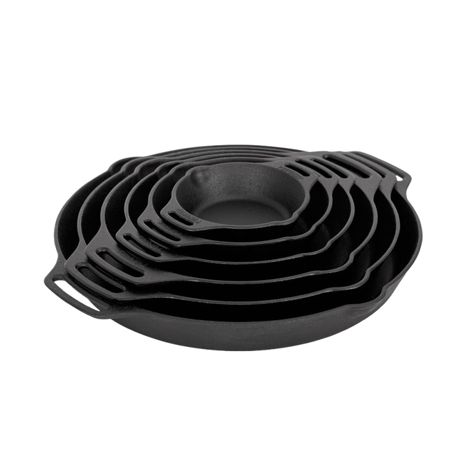 Set of durable cast iron skillets with two side handles, designed for versatile cooking in farm, kitchen, camping, cookware, and cast iron collections.
