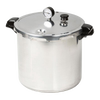 Large polished aluminum pressure canner with secure locking lid, pressure gauge, and sturdy black handles, ideal for kitchen food preservation, canning, and best sellers collections.