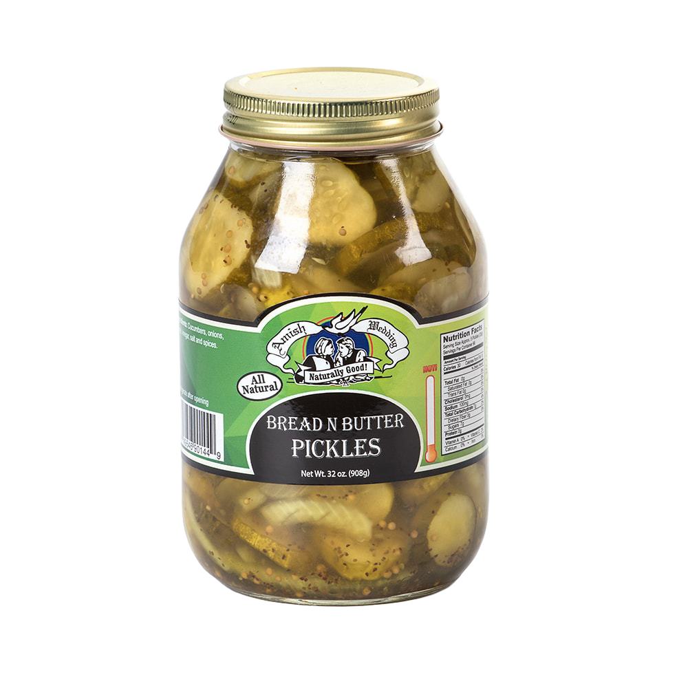 Large glass jar of all-natural bread and butter pickles with a gold lid, featured in Kitchen & Food, Food, Pantry, USA Made, Best Sellers, and Promo Eligible collections.