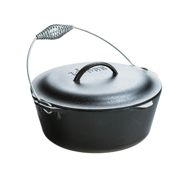 Classic cast iron Dutch oven with spiral bail handle and tight-fitting lid, pre-seasoned and crafted in the USA, featured in Kitchen & Food, Cookware, Cast Iron, Best Sellers, and Promo Eligible collections.