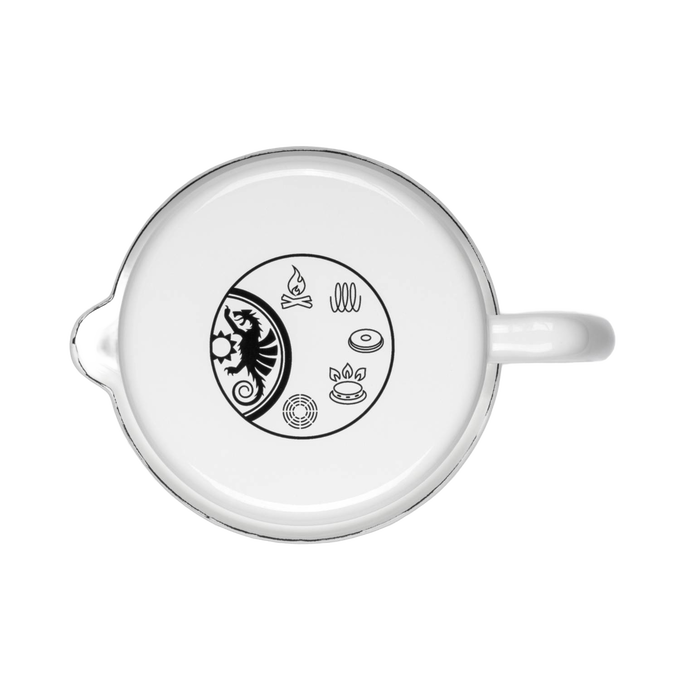 Top view of a white enameled steel milk pot with handle, featuring black campfire, coil burner, stove, grill, and coffee cup icons inside a circular design, handcrafted for Farm, Garden & Tool, Kitchen & Food, Camping, Cookware, Pots and Pans, Best Sellers, and Promo Eligible collections.