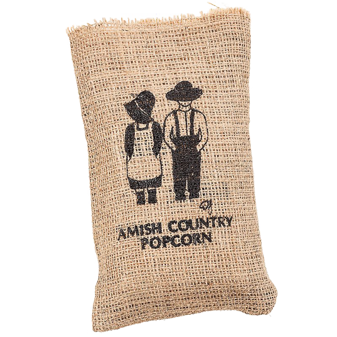 Handcrafted burlap bag with silkscreened Amish Country design, filled with popcorn, made in USA, ideal for Kitchen & Food, Snacks and Sweets, Popcorn, Best Sellers, and Promo Eligible collections.