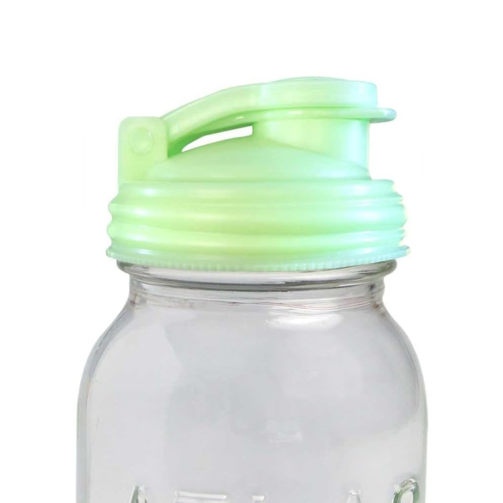 Light green wide-mouth pour lid with flip-top spout and carry loop made from durable no-break plastic, designed for mason jars, featured in Kitchen & Food, Dinnerware, Kitchen Gadgets, Kitchen Accessories, USA Made, and Best Sellers collections.