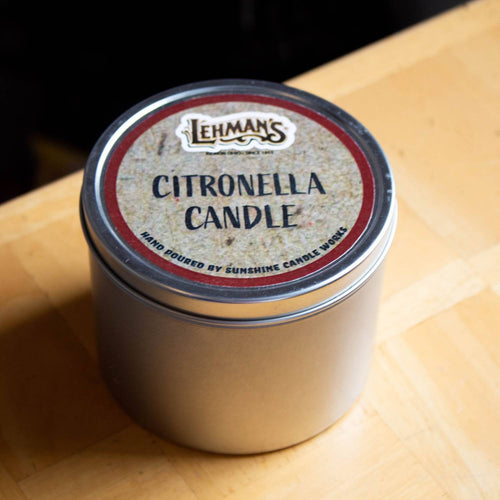 Handcrafted lightweight citronella candle in a simple metal tin with branded label, designed for outdoor use in camping, pest control, and Farm, Garden & Tool collections.