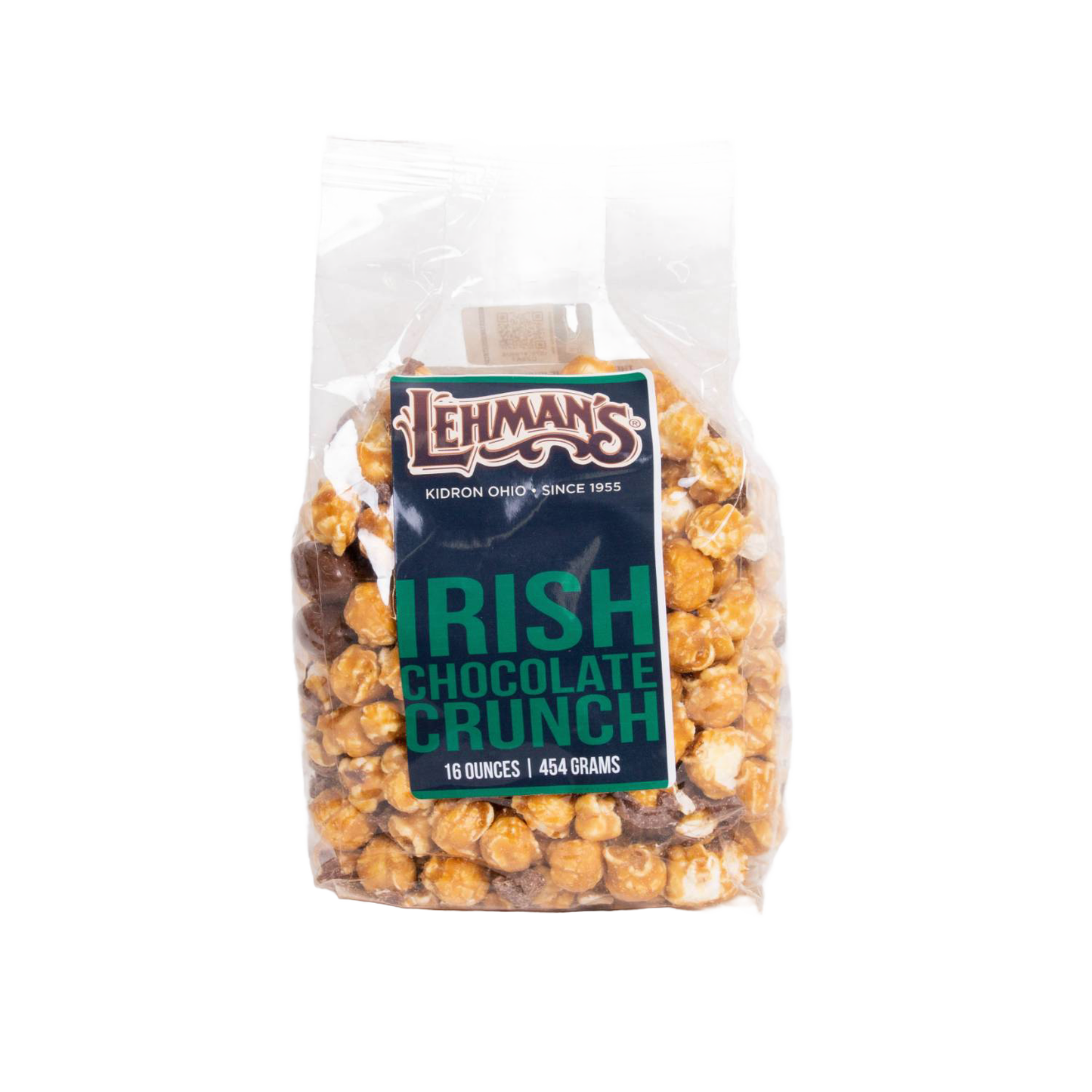 Clear bag of handcrafted caramel popcorn mixed with Irish chocolate crunch pieces, a unique sweet and crunchy snack made in USA, perfect for Kitchen & Food, Snacks and Sweets, Popcorn, USA Made, Best Sellers, and Promo Eligible collections.