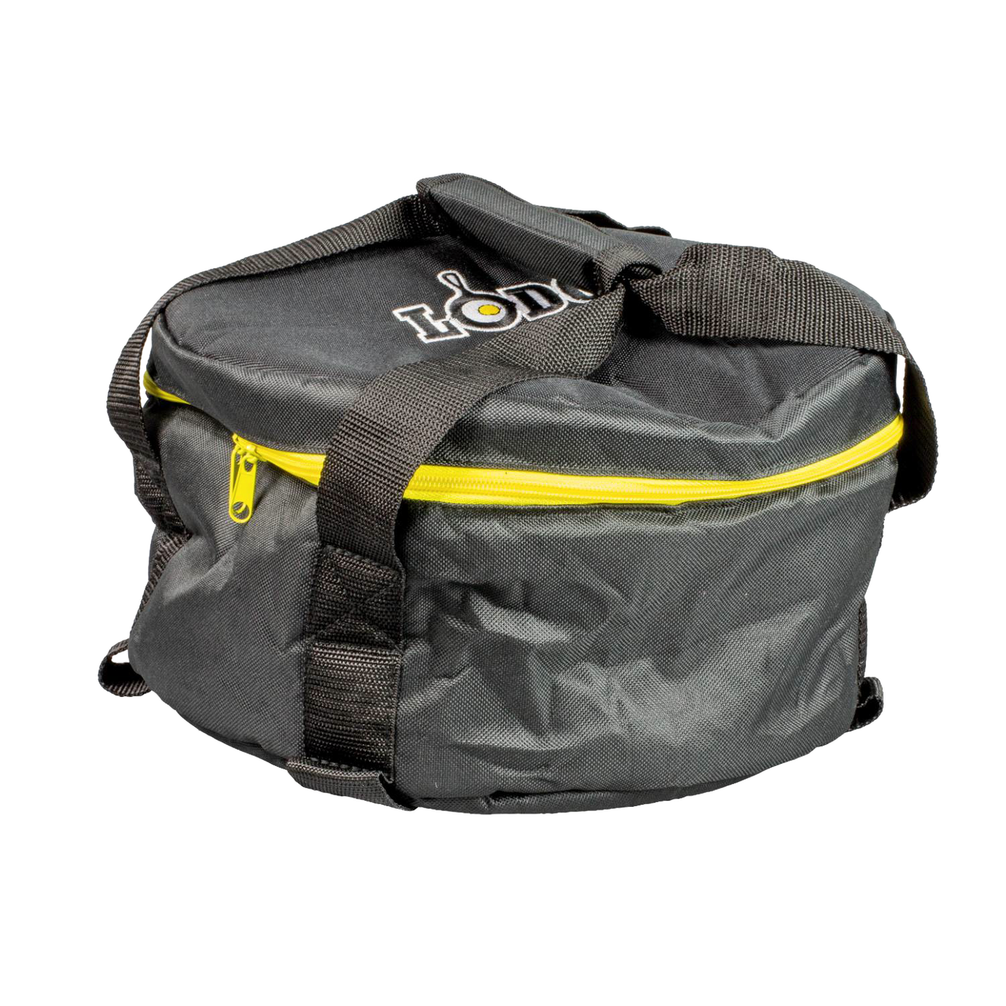 Durable padded black tote bag with yellow zipper and sturdy straps, designed for easy carrying and storage, suitable for camping and cookware use in outdoor settings.