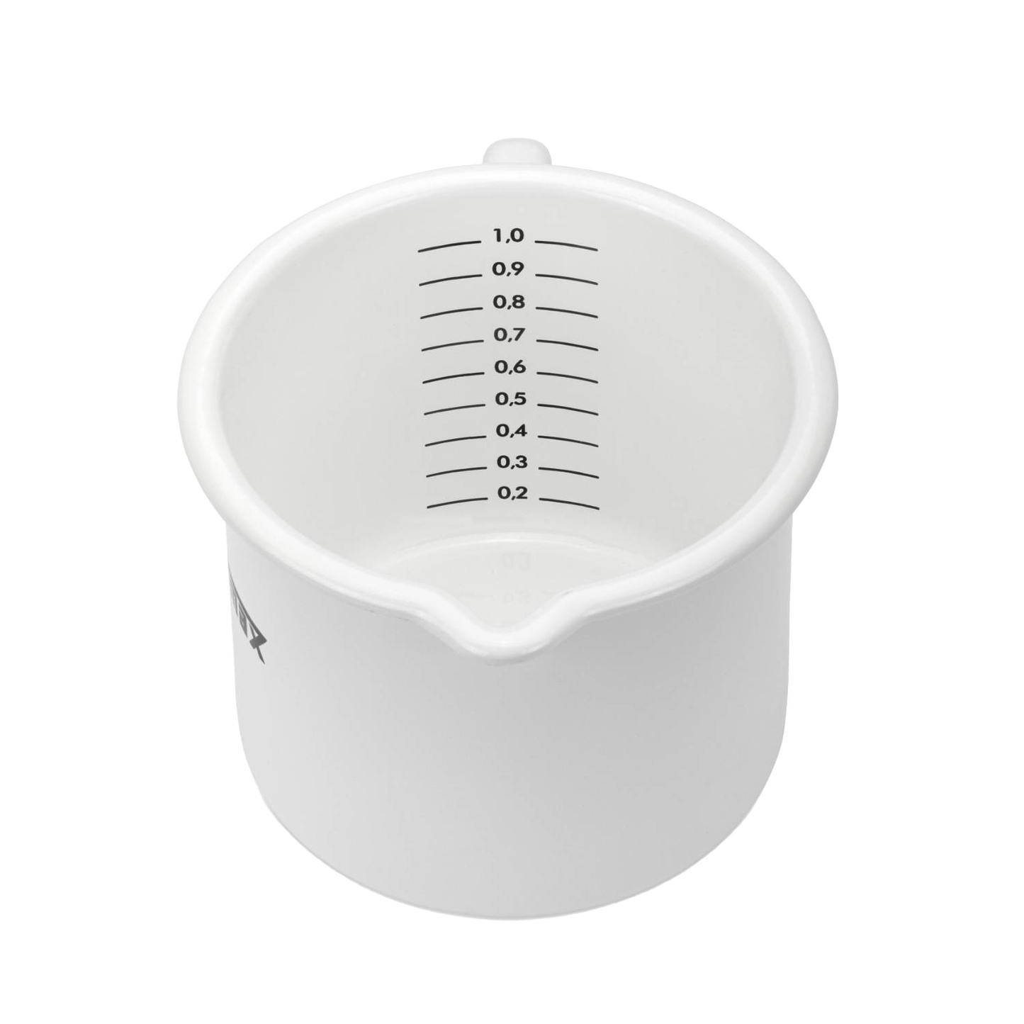White enameled steel milk pot with clear internal volume markings and a precise pour spout, handcrafted for reliable use in Farm, Garden & Tool, Kitchen & Food, Camping, Cookware, Pots and Pans, Best Sellers, and Promo Eligible collections.