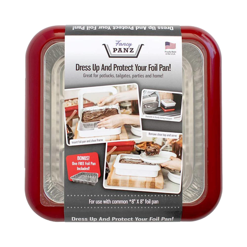 Red travel cover for 8x8 foil pans featuring a removable clear window for serving, designed for sturdy transport and protection in Kitchen & Food, Kitchen Gadgets, and USA Made collections.