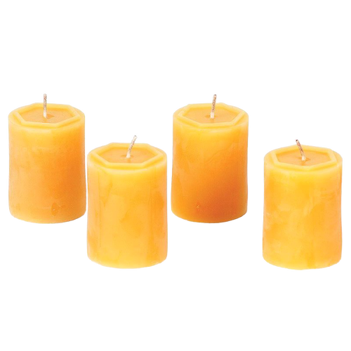 Set of four handcrafted votive candles made from pure beeswax in warm honey tones, featuring long burn times and included in USA Made and best sellers collections.
