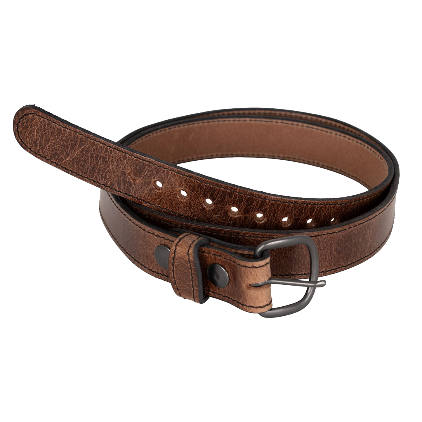 Handcrafted Amish-made brown leather belt with matte black metal buckle, 1-1/4 inch wide, built for everyday wear, featured in Clothing and Accessories, USA Made, Amish Made, and Best Sellers collections.