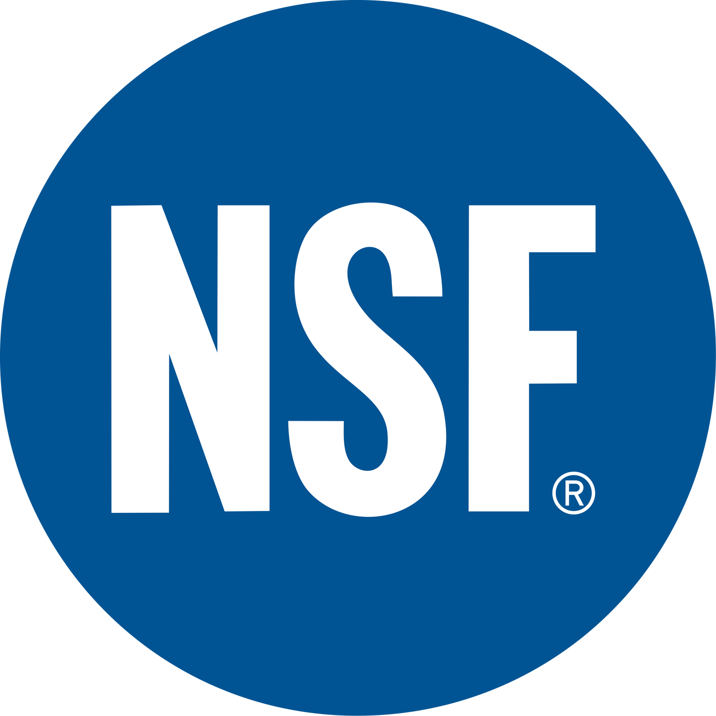 Blue circular NSF certification logo with bold white letters indicating certified water filtration standards for safety and quality in farm, garden, camping, and emergency supplies.