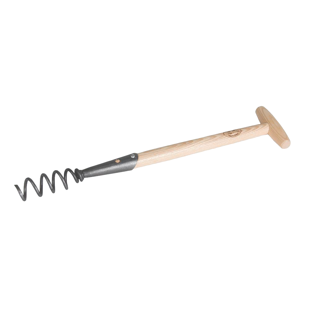 Handcrafted weeder with a wooden T-handle and a metal corkscrew blade, designed for effective root removal, ideal for Farm, Garden & Tool, Digging and Cultivating, Best Sellers, Promo Eligible, and Sale collections.