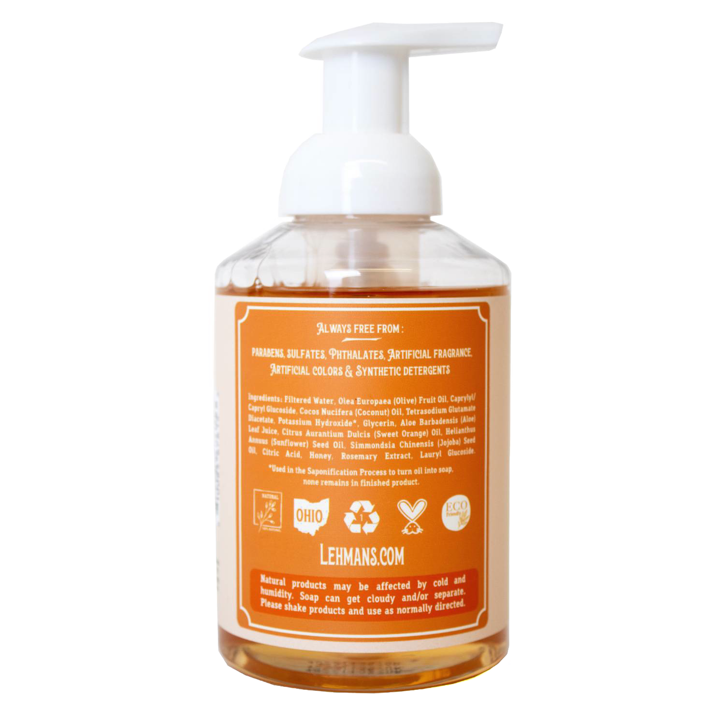 Clear pump bottle displaying the back label of Lehman's handcrafted moisturizing foaming hand soap with natural oils and no synthetic additives, made in USA, fitting Health & Wellness, Grooming and Personal Hygiene, Soaps and Soapmaking, and USA Made collections.